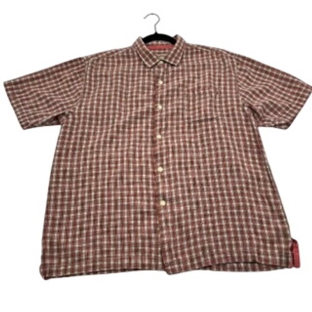 Tommy Bahama Mens Large Red White Plaid 100% Silk Short Sleeve Button Up Shirt
